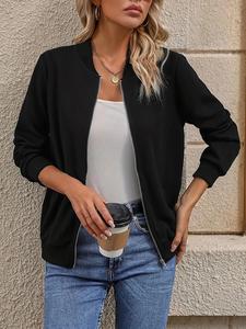 Women's Solid Textured Zip Up Bomber Jacket, Casual Long Sleeve Baseball Collar Outerwear for Daily Wear, Ladies Clothes for All Seasons