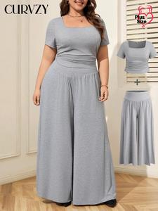 CURVZY Plus Size Two-Piece Set Solid Square Neck Top & Wide Leg Pants Set, Casual Fashion Cozy Two-piece for Daily Outdoor Wear, Women Clothing for Summer