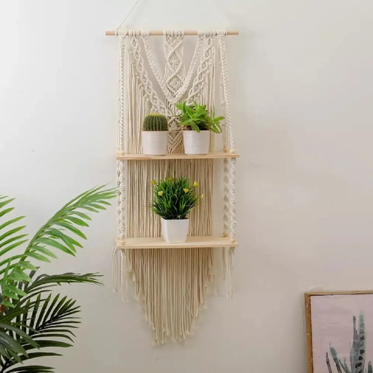 Macrame ambalan aesthetic / Rak dinding kekinina / Rak dinding viral / Rak dinding aesthetic Dipasang di Dinding Kayu