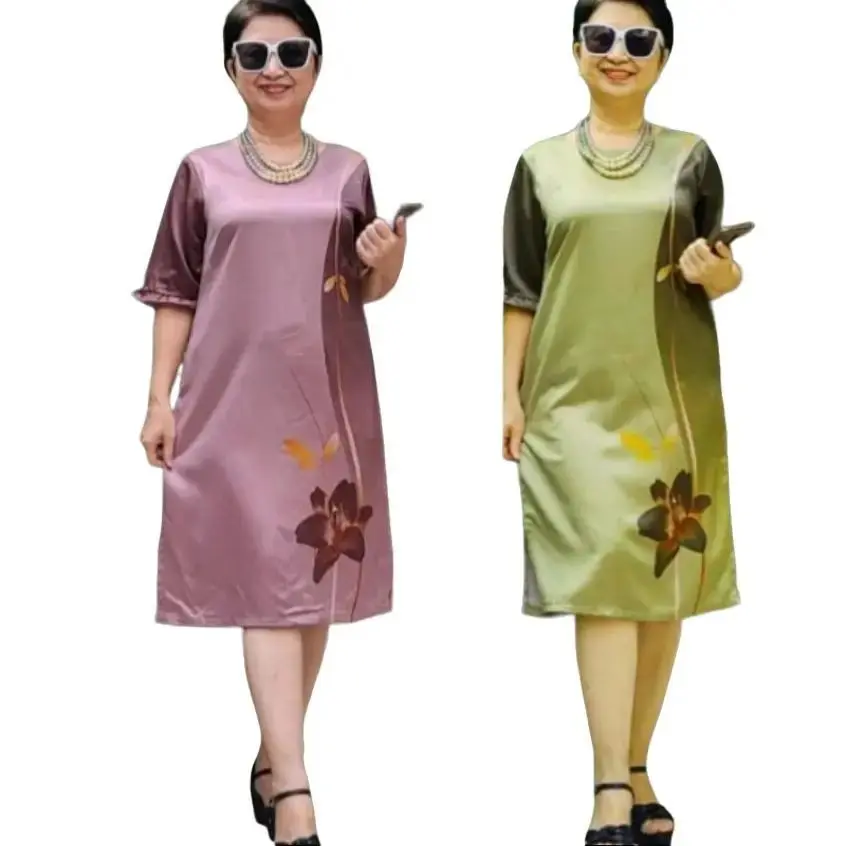 Váy Đầm Trung Niên Form Suông A Che Bụng - Vải Lụa Latin Phũ Nhung In 3D Sang Trọng, Mạc Mát, Đủ Size (48kg đến 90kg).