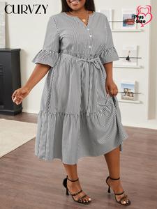 CURVZY Plus Size Autumn Aesthetic Striped Print Button Front Ruffle Hem Belted Dress, Casual Flounce Sleeve Notched Neck Dress for Summer, Women's Plus Clothing for Daily Wear