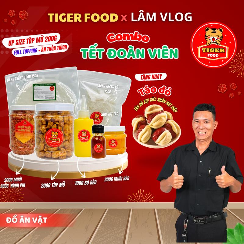 (LIVE) COMBO TẾT ĐOÀN VIÊN Bánh Tráng Phơi Sương TIGER FOOD đi kèm sốt muối béo + tóp mỡ + muối ruốc hành phi + sốt tắc chua ngọt +  FULL TOPPING siêu ngon đồ ăn vặt snack - Tặng kèm 06 trái táo đỏ kẹp sữa nhân hạt điều.