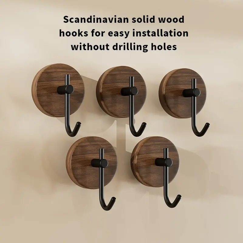 New Nordic Solid Wood Coat Hook Walnut Wooden Door Hook Diamond-Free Strong Sticky Wall Hanger