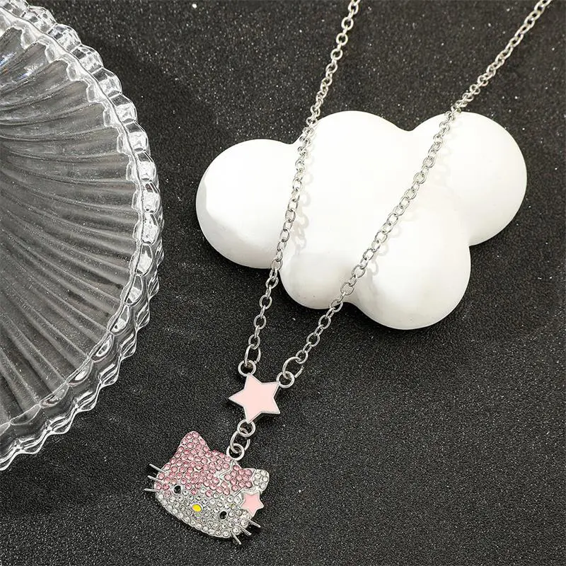 Cartoon Sweet Hello Kitty Necklace Full  Cute KT Cat Pendant Clavicle Chain Fashion  Women Accessories Girly Gifts
