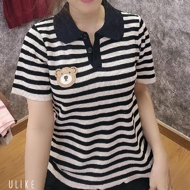 Áo len Mongtoghi dệt kim nữ sọc tay cộc có cổ 0