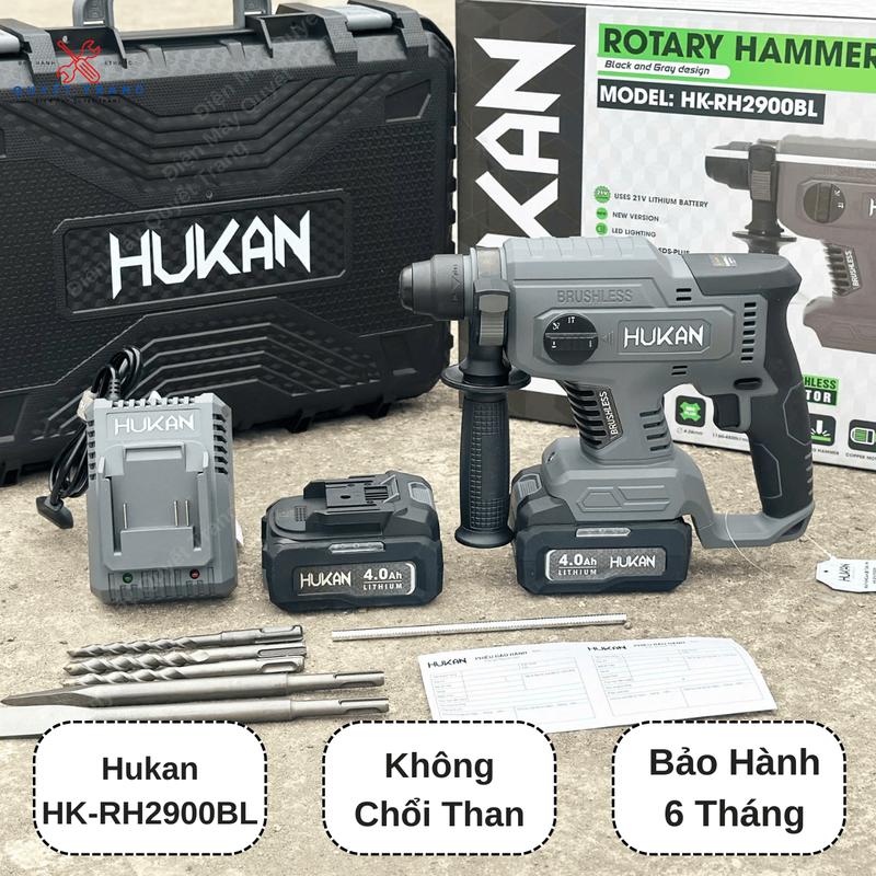 Máy Khoan Bê Tông Pin HUKAN 2900BL Không Chổi Than Tặng Kèm 3 Mũi Khoan 2 Mũi Đục