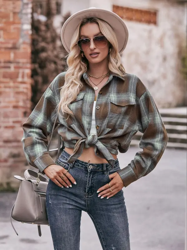 Women's Tartan Print Button Front Pocket Shirt, Casual Drop Shoulder Long Sleeve Top for Fall & Winter, Women's Clothes for Daily Wear 3