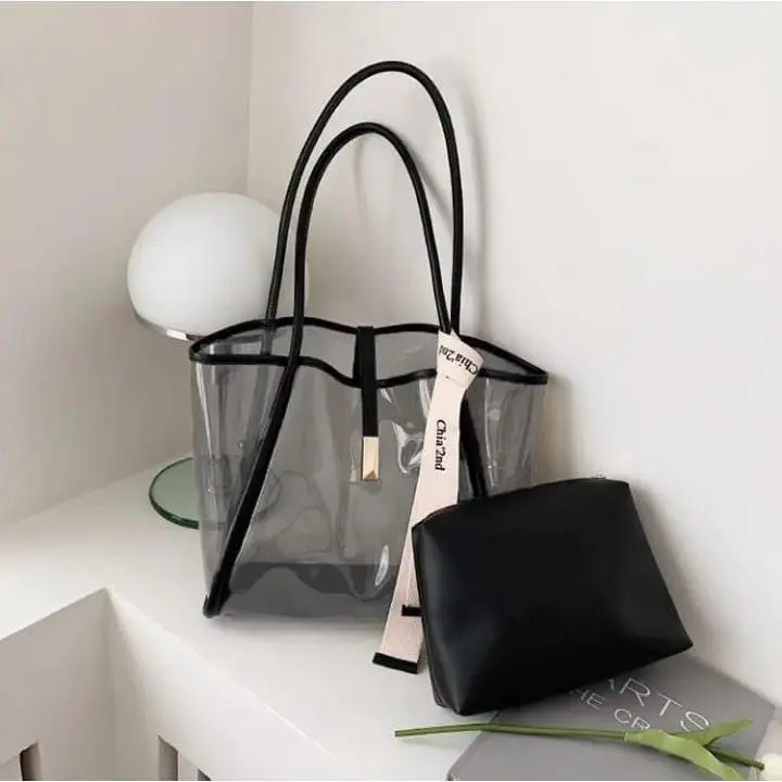 Tote Bag Wanita Florida Mika PVC Transparan Kombi dengan Pouch - Ukuran 28x10x26cm - Totebag