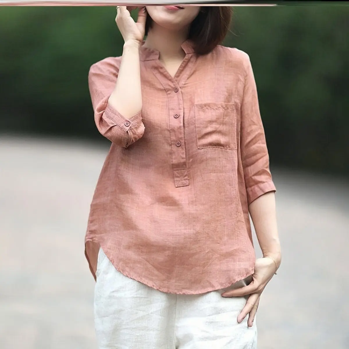 Sơ Mi Nữ Kiểu Đẹp - Mẫu Sơ Mi Cổ Trụ Chất Đũi Tơ Mềm A25 Top