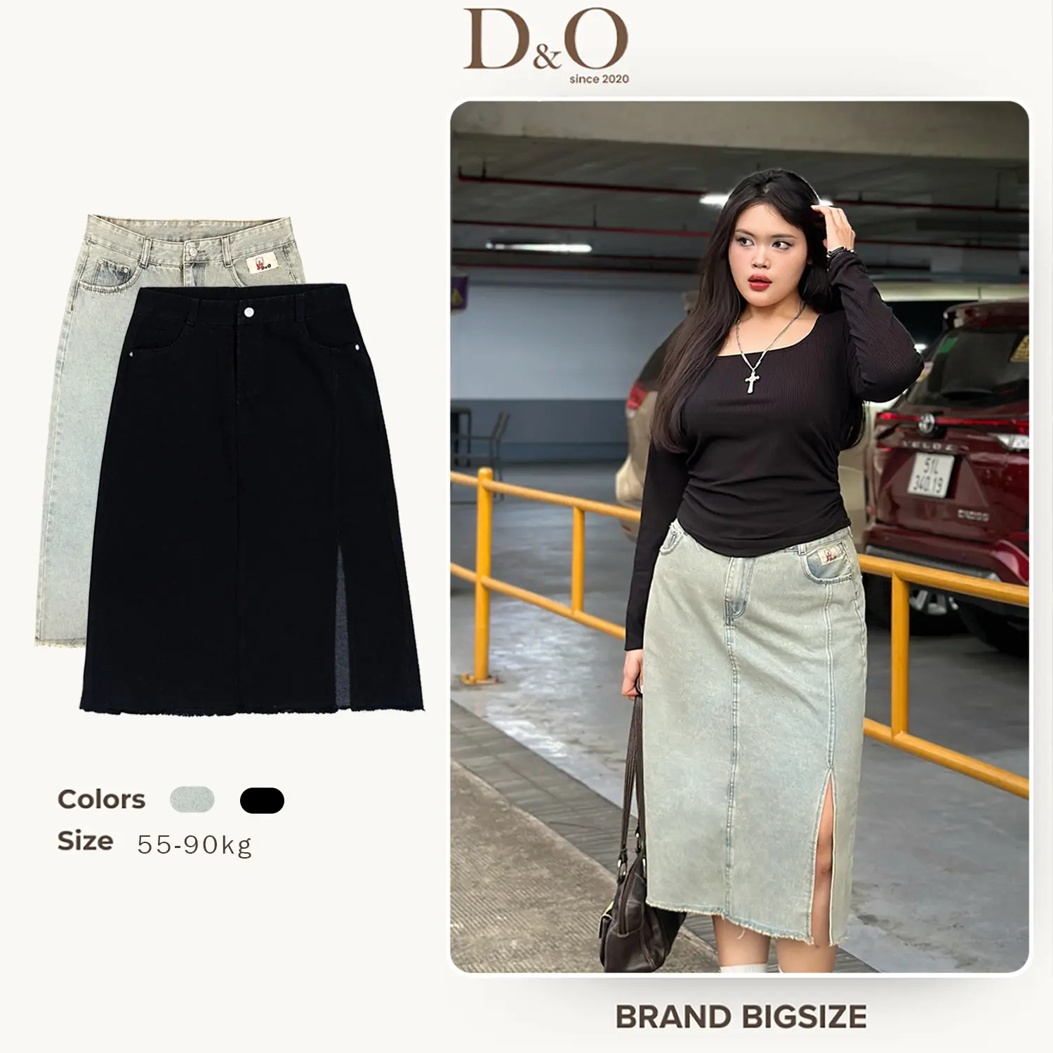 Chân Váy Dáng Dài Form A Xẻ Lai Trước Màu Đen Xanh Dơ Lưng Cao Không Giãn Bigsize 55-90kg