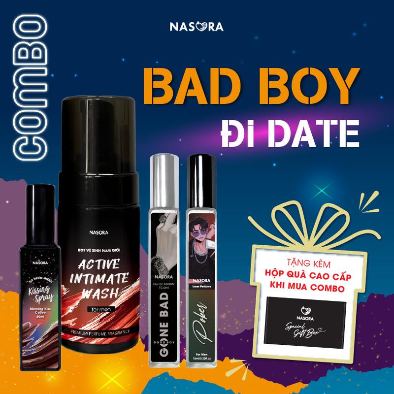   MUA 1 ĐƯỢC 4  Combo BAD BOY ĐI DATE Cho Nam Nasora 4 IN 1 Gồm Xịt thơm miệng Kissing Spray Bọt Vệ Sinh Nam Giới Nước Hoa Nam Giúp Sạch Thơm Phù Hợp Đi Chơi Hẹn Hò Dưỡng Thể 