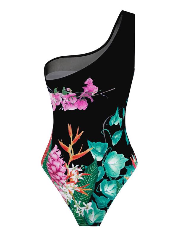 Women's Floral Print One Shoulder Contrast Mesh One-pieces Swimsuit & Wrap Skirt Set, Casual Asymmetrical Knot Front Sleeveless Swimwear for Beach Holiday Vacation, Ladies Swimsuit for Summer 6