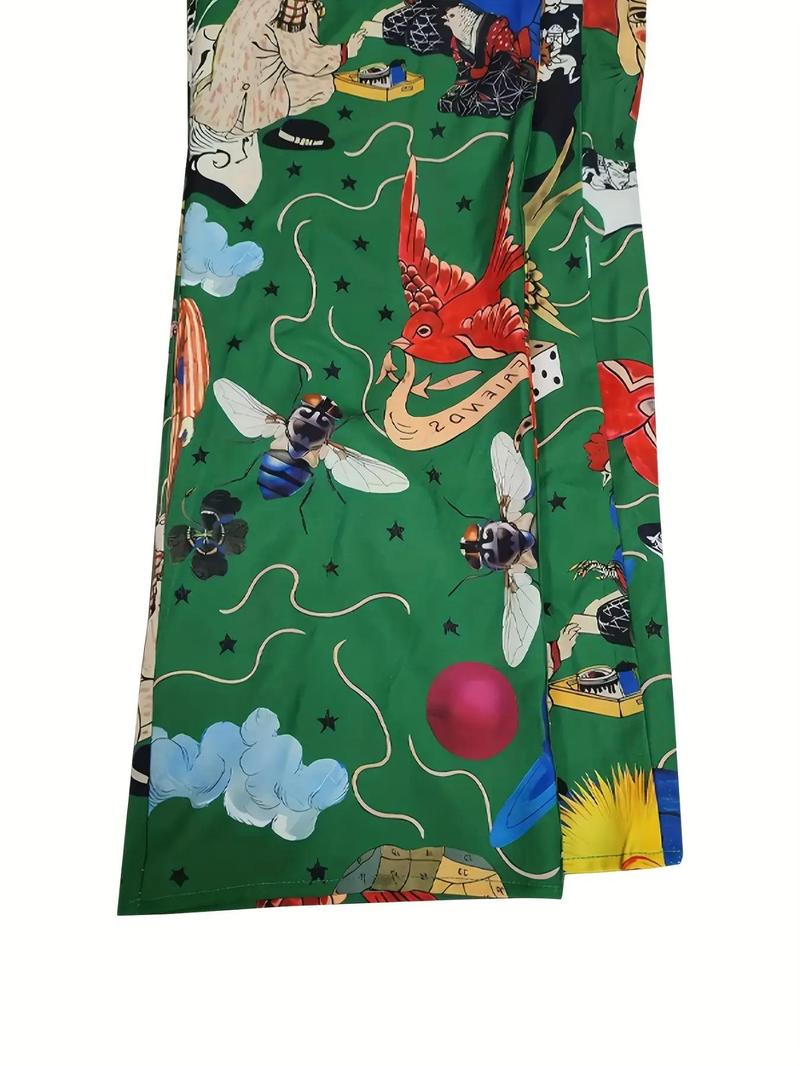 Product Introduction of Women's Cartoon Print Button Front Shirt & Elastic Waist Pants Two-Piece Set, Casual Long Sleeve Top & High Waist Trousers for Daily Wear, Ladies Summer Clothes 5