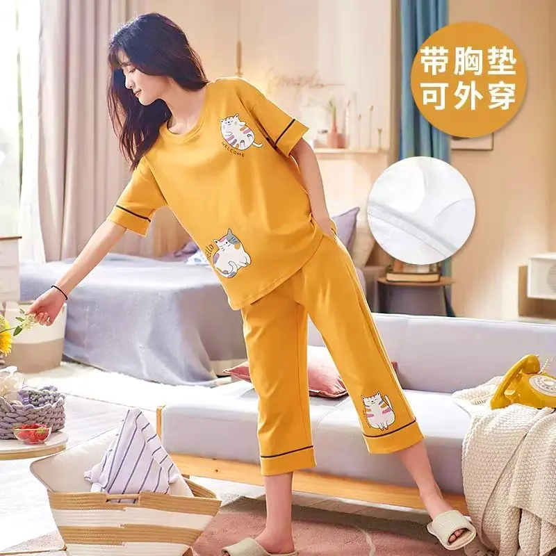 Bộ Đồ Ngủ Cao Cấp Cho Nữ, Hàng Mới Về, Có Đệm Ngực, Ngắn Tay, Quần Cropped Xén, Thiết Kế Hoạt Hình, Bộ Đồ Mặc Nhà, Phong Cách Hàn Quốc, Áo Mặc Bên Ngoài, Thích Hợp Cho Mùa Hè