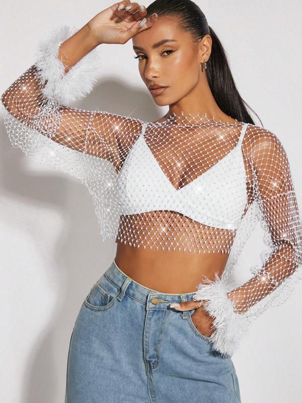 Women's Glitter Rhinestone Decor Contrast Faux Fur Sheer Long Sleeve Crop Top, Elegant Round Neck Top for Party Club Dating Wear, Ladies Clothes for All Seasons Valentine's Day, gift 2
