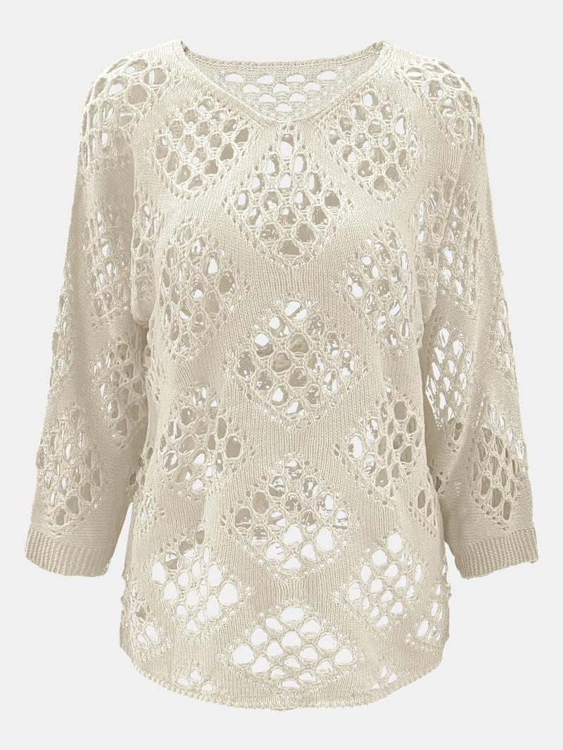 Product Introduction of Women's Plain Hollow Out Sheer Sweater Pullover, Casual Long Sleeve Jumper for Summer, Fashion Women's Knitwear for Daily Wear 4