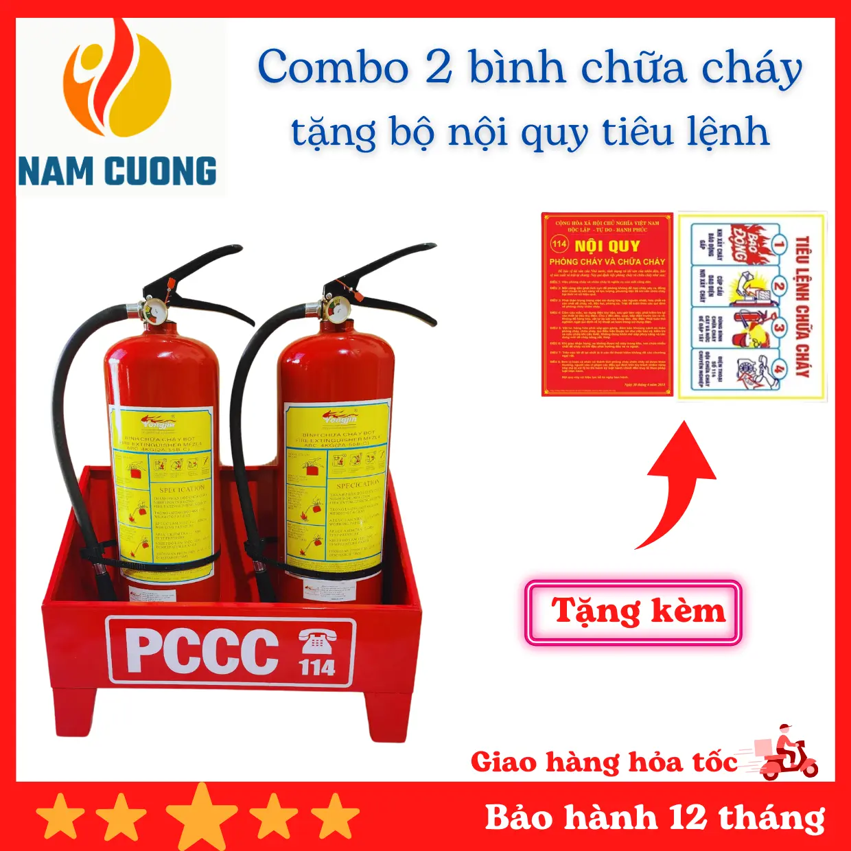 Combo 2 bình chữa cháy bột ABC 4kg, KỆ ĐỂ BÌNH và bộ nội quy  tiêu lệnh