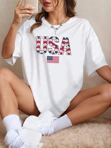 ImprinTee Women's Letter & American Flag Print Round Neck Tee, Casual Short Sleeve Crew Neck T-shirt for Summer, Fashion Women's Top for Daily Wear