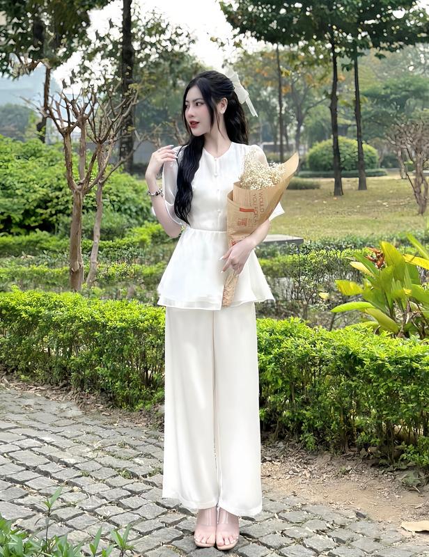 Set đồ lam vải voan tơ cao cấp đi chùa cho nữ nút đính ngọc áo ngắn tay ,quần ống suông lụa cát nhung thanh lịch trẻ trung mã D39