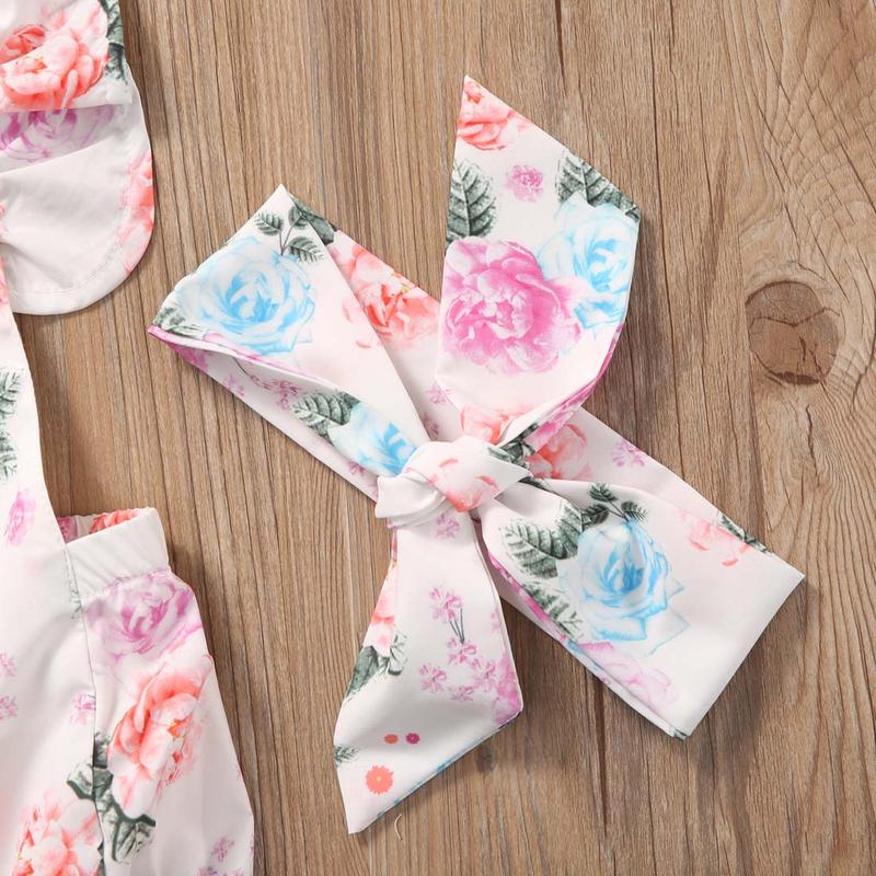 Product Introduction of 2PCS Clothes Set Newborn Baby Girls Flying Sleeve Flower Open Back Romper + Bow Headband Clothes 36