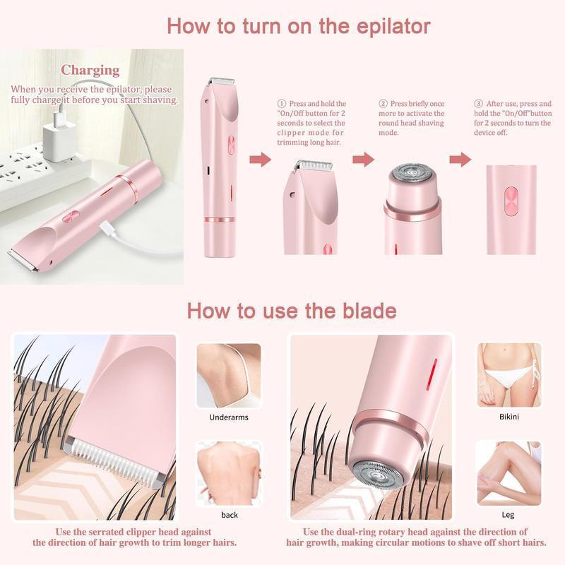 Electric Hair Trimmer, 1 Box Portable Rechargeable 2 in 1 Body & Face Epilator, Dual Head Trimmer for Face Armpit Legs, Shaver Women 6