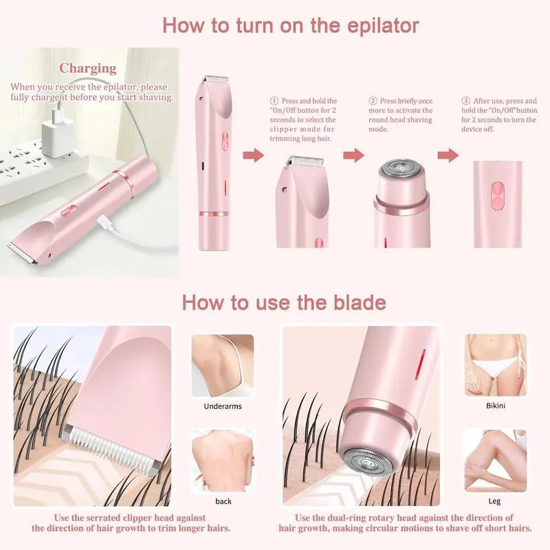 Electric Hair Trimmer, 1 Box Portable Rechargeable 2 in 1 Body & Face Epilator, Dual Head Trimmer for Face Armpit Legs, Shaver Women 6