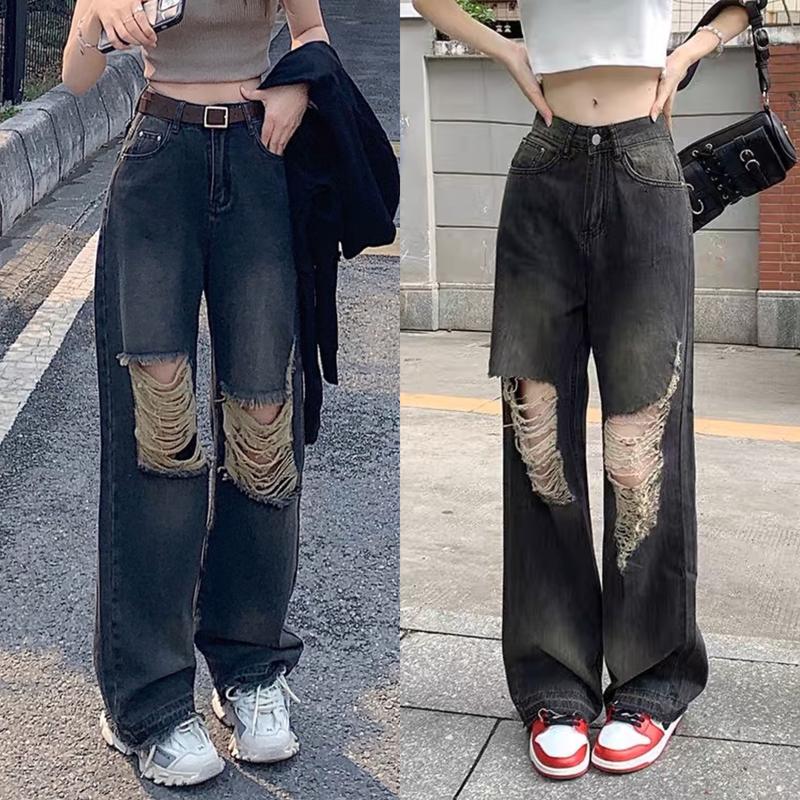 Quần Jeans Suông Ống Rộng BigSize Lưng Cao, Rách 2 Đầu Gối Cá Tính, Màu Xám Rách Phom Siêu Dài 103cm 4524, Quần Jean Ống Rộng Wash Màu, Quần Bò Ống Rộng, Kiểu Dáng Ống Suông Rộng, Quần Bò Nữ Ống Rộng Dáng Xuông Pants Nữ Denim Ong Women Baggy