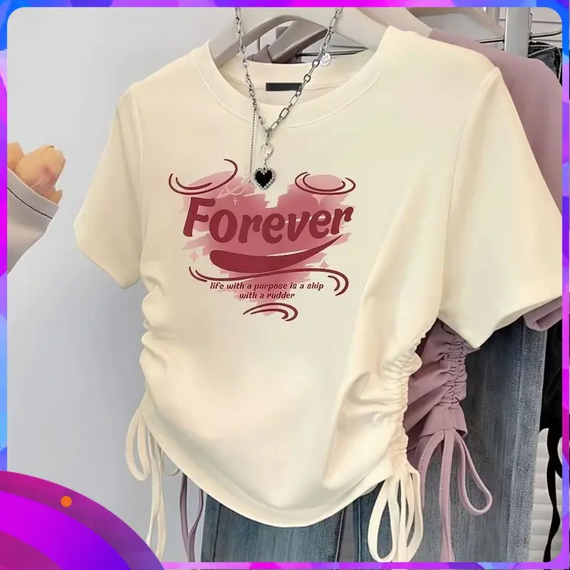 Áo Thun Ngắn Tay Thời Trang, Phong Cách Preppy Dễ Thương Và Gợi Cảm Trung Quốc Mới, Dáng Ôm, Áo Dây Rút Nữ, Dễ Phối Đồ, Phong Cách Ins, Thời Trang 0