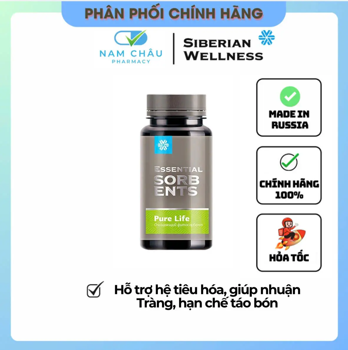 Thực phẩm SIBERIAN WELLNESS Essential Sorbents Pure Life, hỗ trợ hệ tiêu hóa, giúp nhuận tràng và hạn chế táo bón, chai 80g
