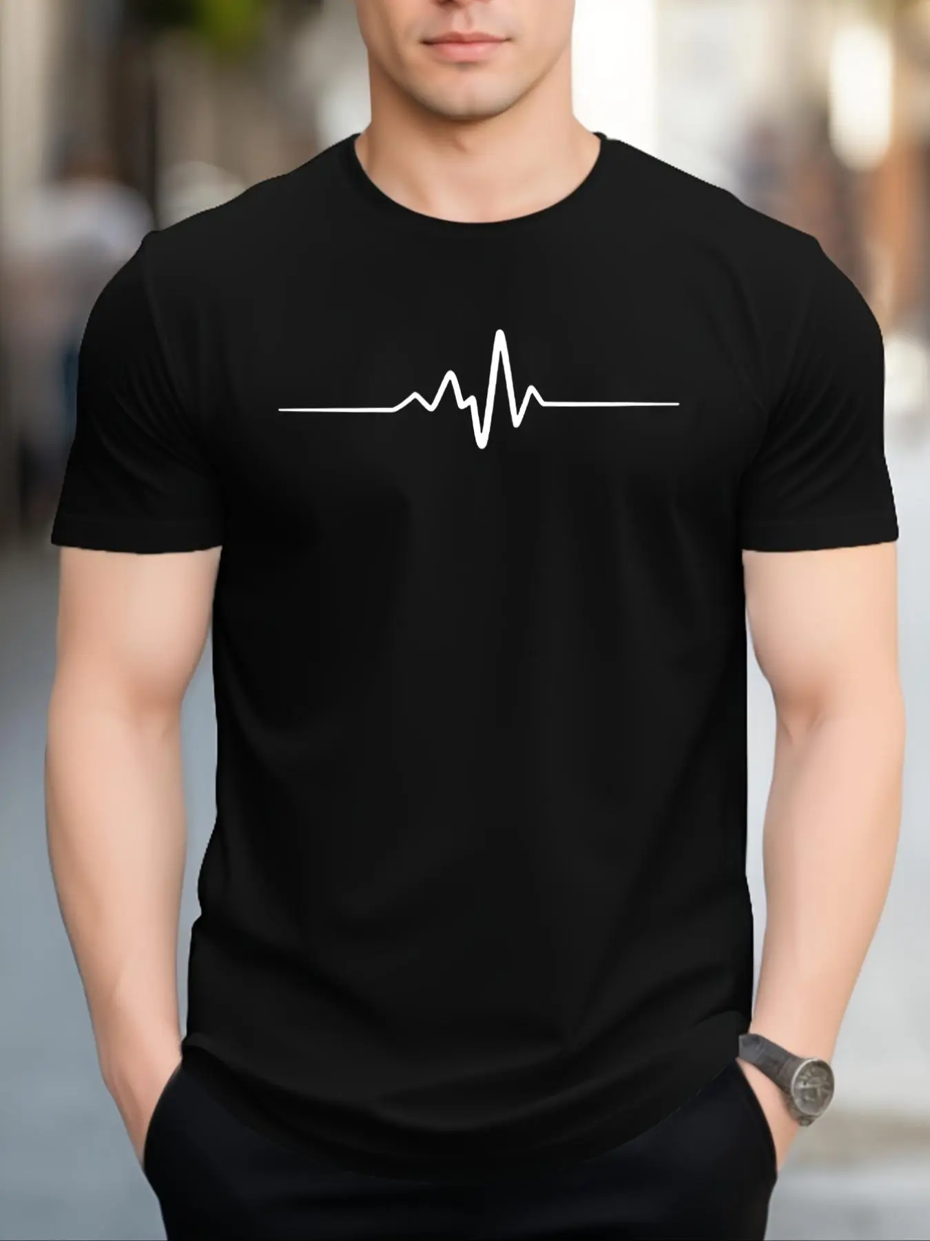 Men's Regular Fit Heartbeat Print Round Neck Tee, Casual Short Sleeve Crew Neck T-shirt for Summer, Fashion Men's Top for Daily Wear