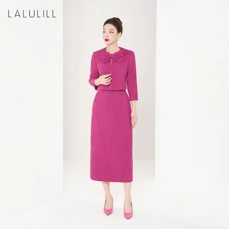 LALULILL Set nữ Áo vest dáng crop cổ nơ & Chân váy dáng suông dài nhung tăm hồng sen- LAK2438703 & LCV2442403 0