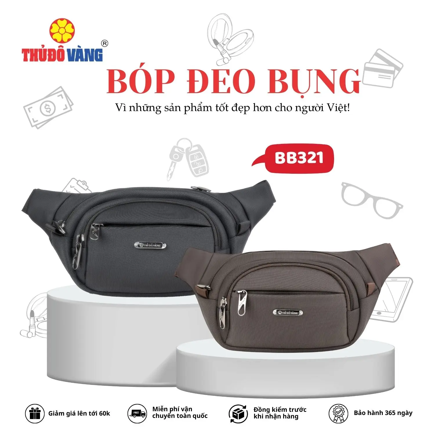 THỦ ĐÔ VÀNG Bóp đeo bụng, túi bao tử, đeo hông thể thao, đi chơi, chạy bộ có nhiều ngăn đựng BB321