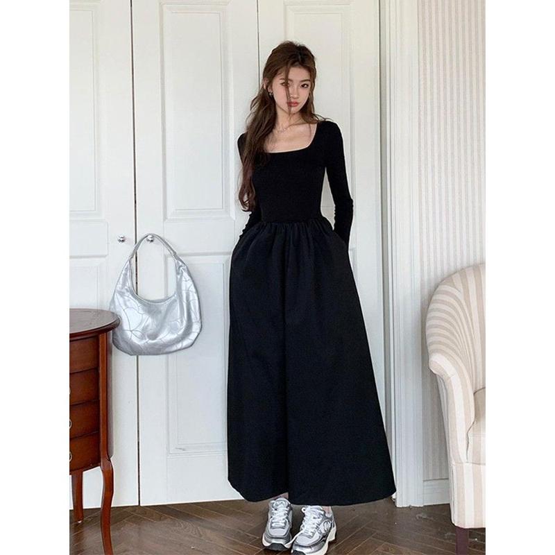 French Hepburn style long sleeve square neck bottoms dress WOMEN'S autumn 2024 new high-grade elegant inner match long dress Casual Womenswear 3