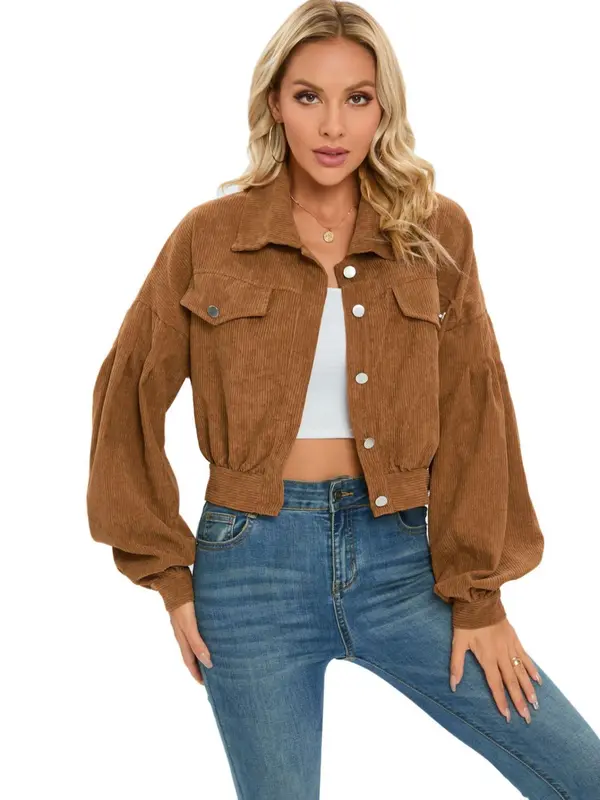 Women's Plain Pocket Button Front Lantern Sleeve Ruched Jacket, Coats for School, Casual Drop Shoulder Long Sleeve Collar Outerwear for Daily Wear, Jackets for Women, Ladies Clothes, Back To School Clothes, Gen Z Corporate Outfit,  Winter Coats 2024 4
