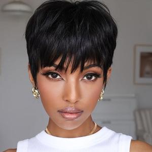 180% Density Pixie Cut Synthetic Wig for Women, Machine-made Non-lace with Rose Net Cap, Basic Style, Glueless Straight Wig with Bangs, Human Hair, Hair Styling Tools, Glueless Beginner Wig, Glueless Hair Wigs