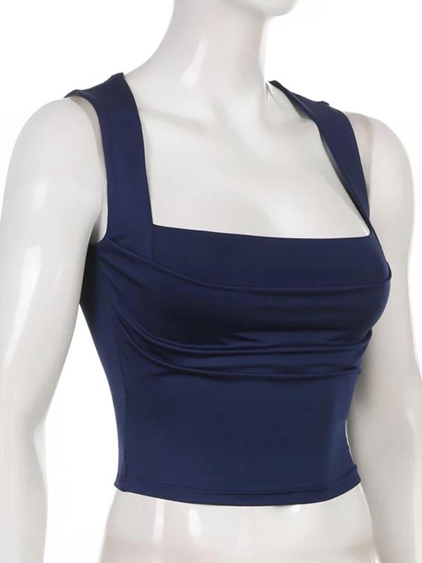 Women's Summer Plain Ruched Square Neck Crop Tank Top, Lady Summer Clothes, Classy Casual Sleeveless Cropped Top for Summer, Ladies Clothes for Daily Wear, Womenswear 7
