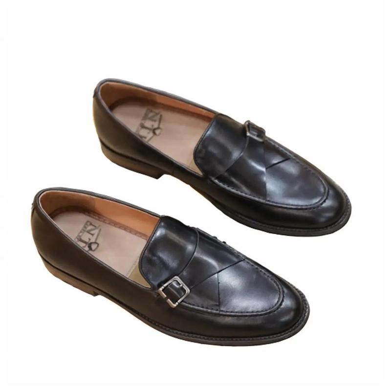 Giày Nam NTK single monstrap Shoes màu đen loafer đế gỗ phíp khâu mckay bh da 24 tháng