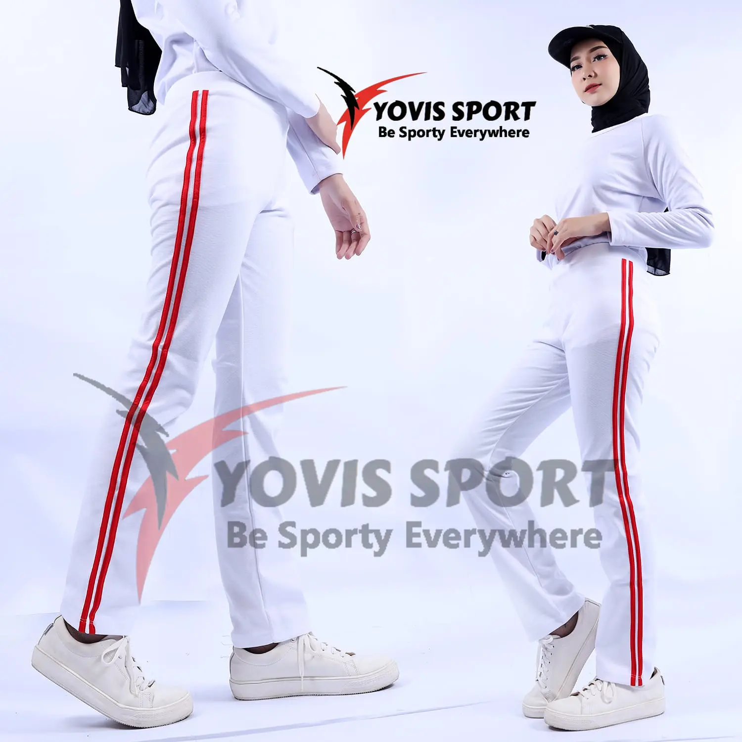 Celana Training Panjang Putih Dan Merah Lis 2 Yovis Sport Trening Olahraga Wanita Murah Dan Bagus