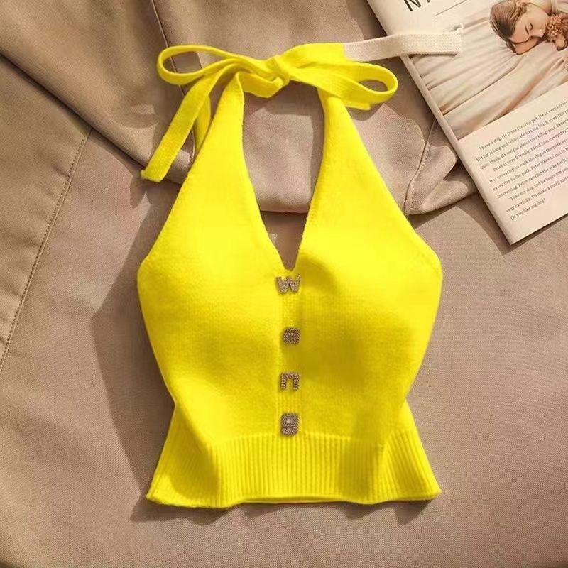 Áo Hai Dây Cổ Yếm Phong Cách Sexy, Dành Cho Nữ, Mặc Ngoài Trời, Lưng Đẹp, Trang Trí Kim Cương Giả, Cỡ Lớn, Áo Vest Dệt Kim Ngắn 2