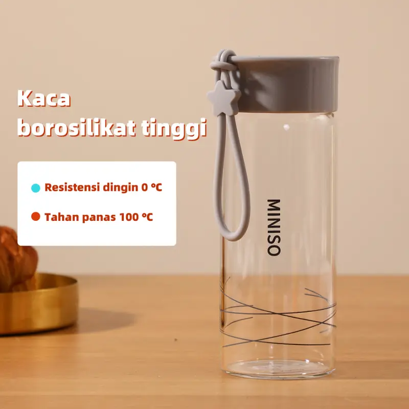 (FREE KARDUS+BUBLE WRAP) MINISO - Botol Minum Kaca 300ml Botol Air Minum Kecil BPA Free Kaca Botol Air Panas Botol Olahraga Botol Minum Anak 1
