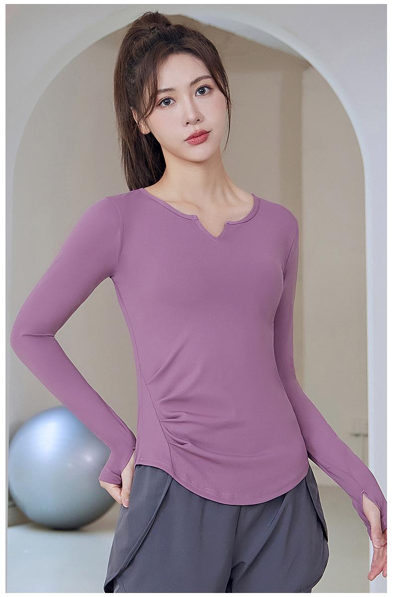 Product Introduction of New Running Sports Fitness Women'S Solid Color V-Neck Hoodie Long Sleeve Yoga Top 5