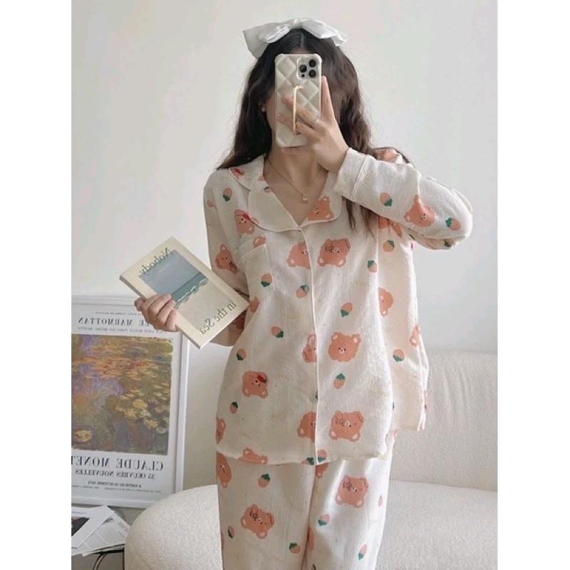 Đồ Mặc Nhà, Bộ Ngủ Nữ, Pijama Tay Dài Chất Liệu Đũi Xốp Hàn Freesize 3