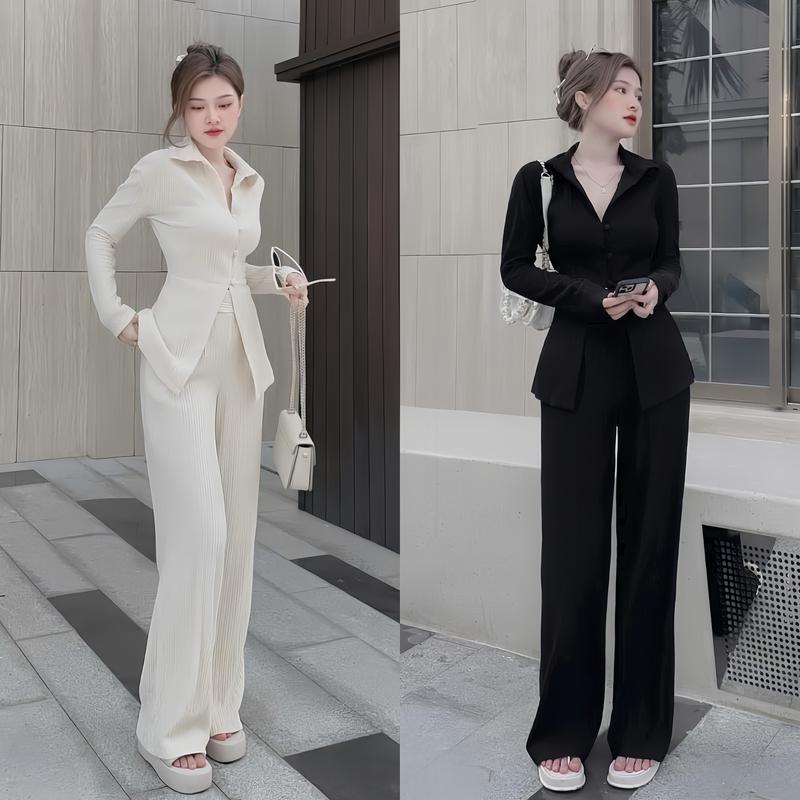 Set đồ nữ áo tay dài phối nút cài thật kèm quần dài ống rộng xinh xắn dành cho các nàng đi chơi. Women Top 0