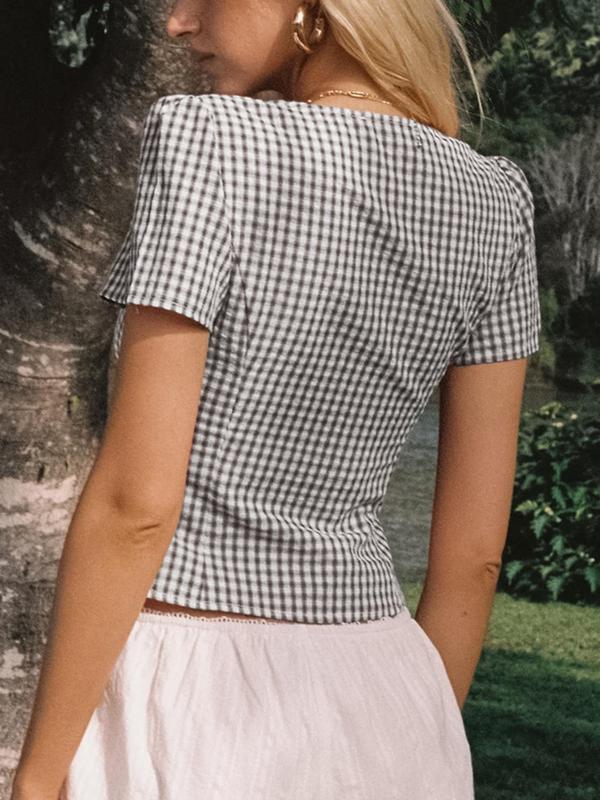 Women's Plaid Print V Neck Blouse, Casual Short Sleeve Top for Summer, Ladies Clothes for Daily Wear 1