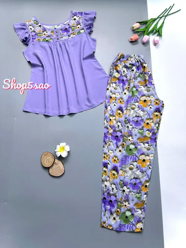 Bộ lanh mặc nhà, đồ bộ tole nữ SHOP5SAO phối màu cao cấp,quần dài (58-75kg) Women Đồ mặc nhà 1