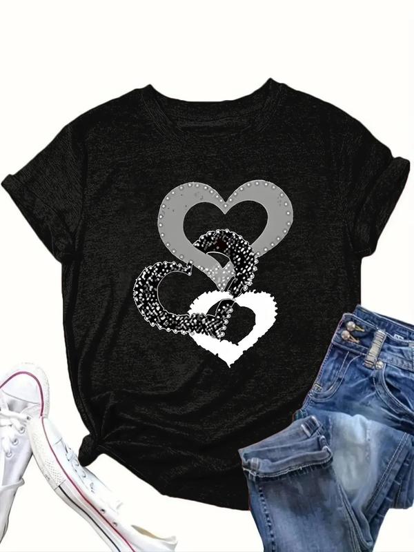 【Plus Size】Heart Print Round Neck Tee, Fashion Casual Short Sleeve T-shirt for Daily Outdoor Wear, Women Plus Clothing for All Seasons 3