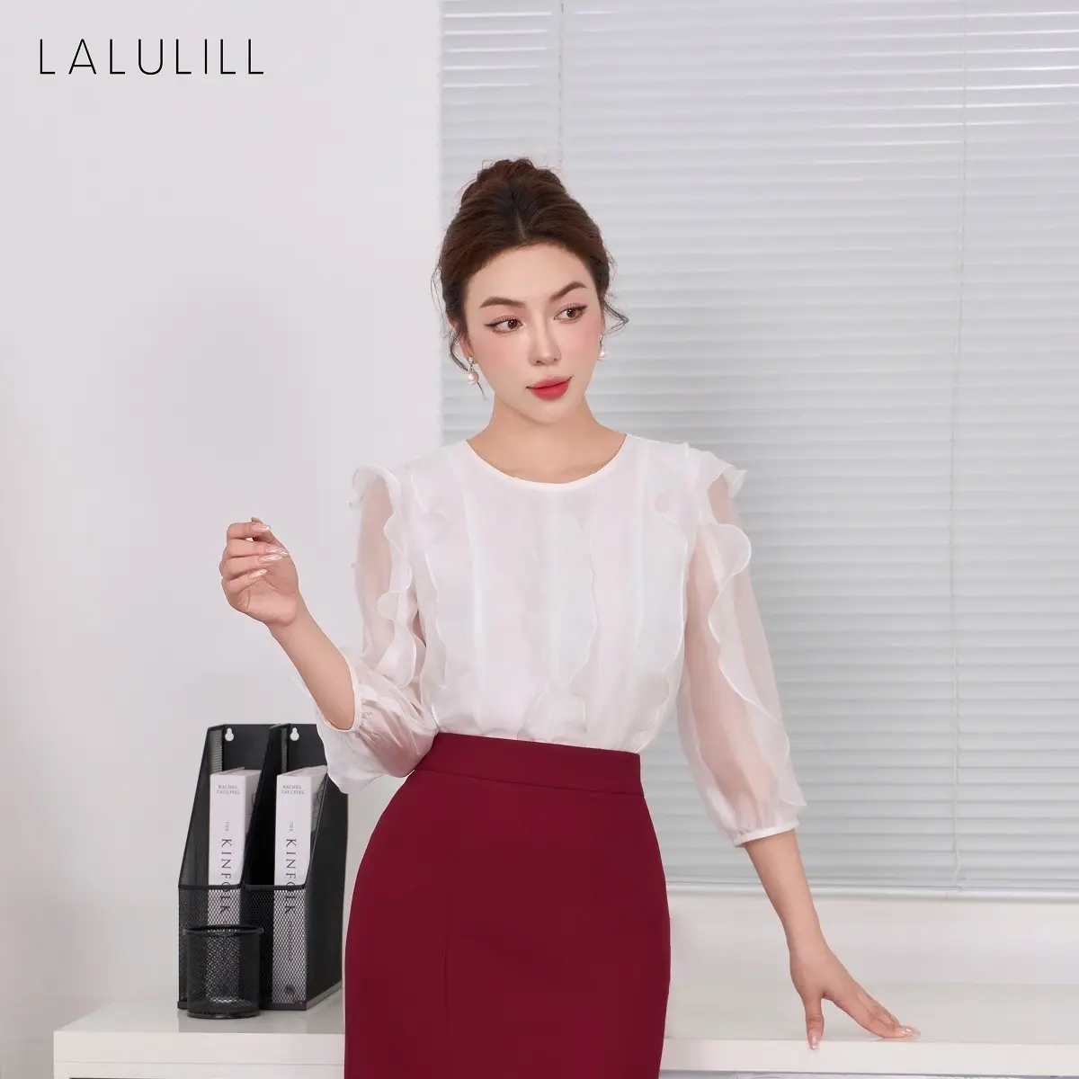 LALULILL Áo sơ mi kiểu nữ kẹp bèo thân và tay - LSM24112
