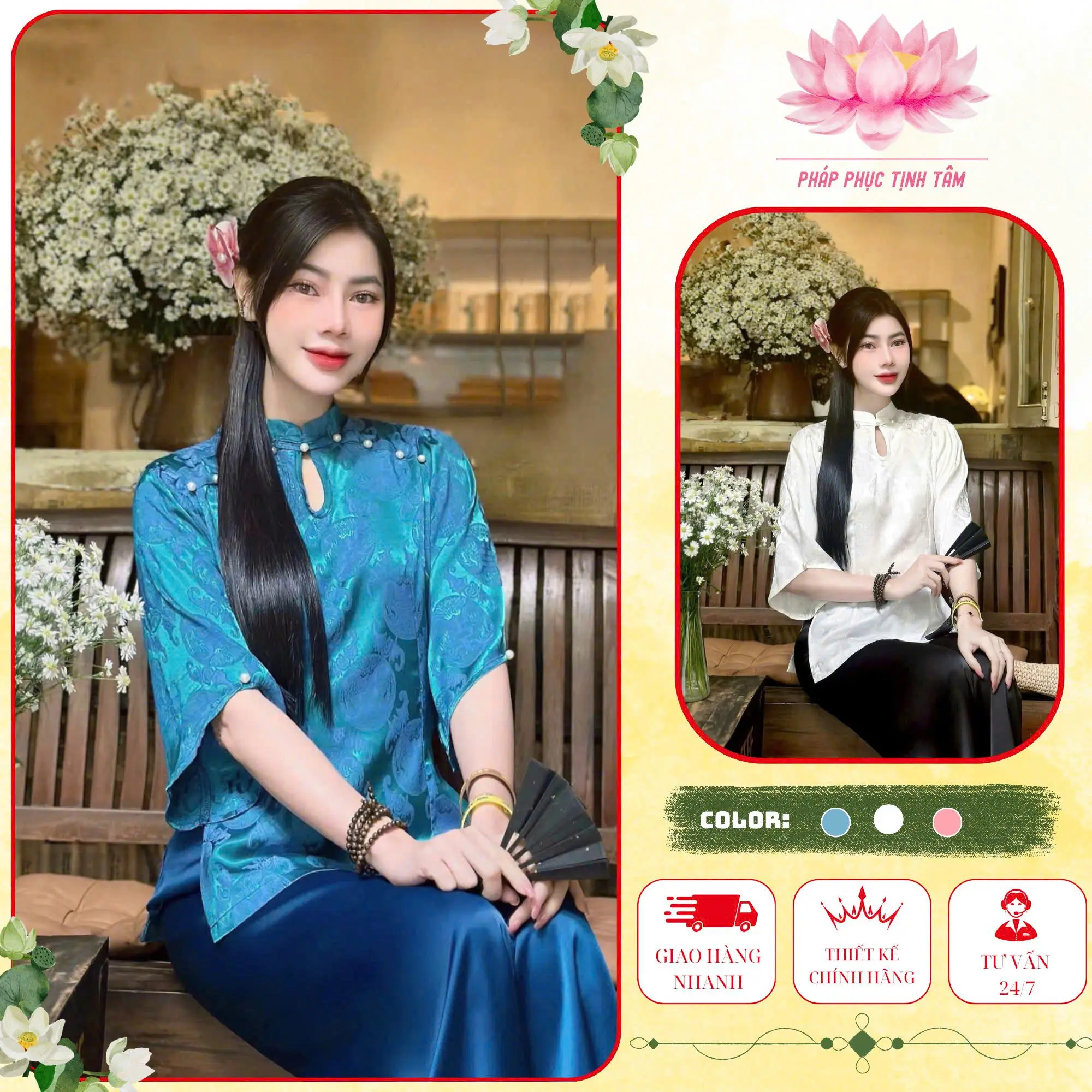 Pháp Phục Tịnh Tâm , Đồ Lam Đi Chùa Cổ Tàu Giọt Lệ Lụa  Chữ Thọ Lụa Mềm Mại 4 Size S,M,L,XL