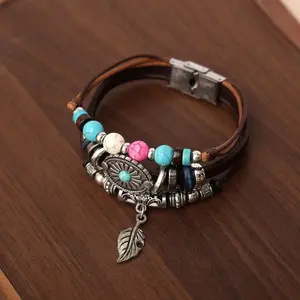 COD Gelang Kulit Stainless Steel Gaya Etnik Bohemian Retro Gaya Suku India Daun Turquoise Gelang Kulit