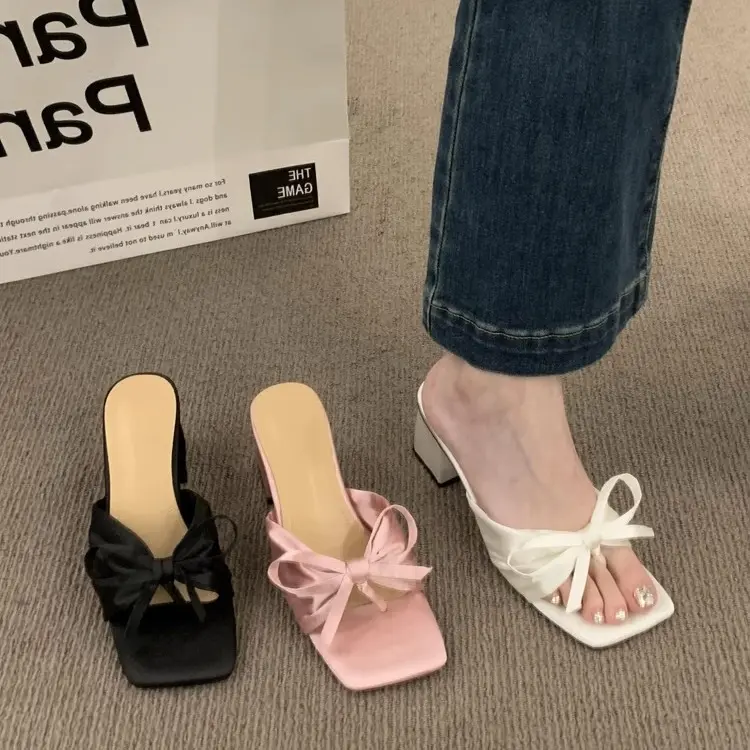 Chunky Heel Sandals, French Style, Luxurious Satin Material, Knot Design, For Women, Can Be Worn Outside, New Arrival in Summer 2025, Open Toe, High Heel Shoes sg  shoes